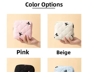 Quilted bow storage pouches in pink and beige colors for personal sanitary items