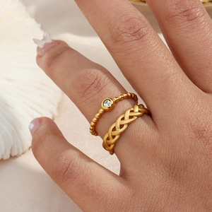 18K gold plated stainless steel open bead ring with zircon stones on model's fingers