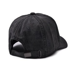 Vintage washed black cotton baseball cap with adjustable metal buckle back view
