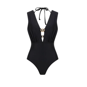 Detail of black one-piece swimsuit with plunging V-neck and golden ring accessory
