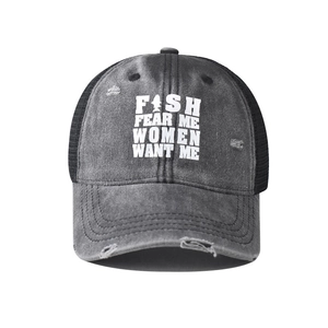 Detailed view of charcoal distressed trucker hat with breathable mesh and Fish Fear Me print