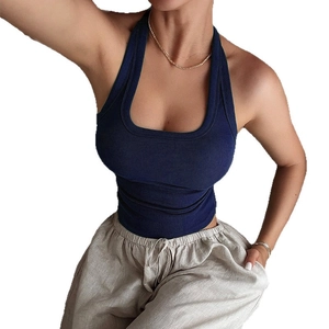 Navy blue ribbed halter neck crop top for women with hollow-out back and slim fit design