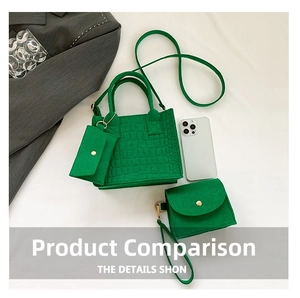 Three-piece vibrant green crocodile texture felt bag set with stylish gold hardware