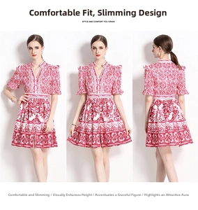 Front, side and back views of a vintage V-neck dress with red porcelain pattern print