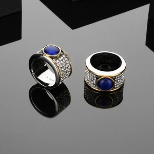Bague Homme En Acier Inoxydable Pierre Oeil De Chat Bleue Vintage Hip Hop Punk Luxe Anneau Large Strass Bijoux