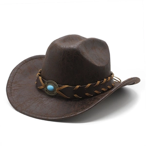 Vintage dark brown western cowboy hat with wide brim, leather belt and turquoise stone