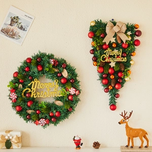 Christmas Wreath Artificial Pine Swag Wall Door Hanging Ornaments Red Gold Festive Ribbon Cones Merry Christmas Decor