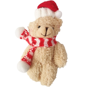 Cute teddy bear plush keychain with Christmas hat and scarf on white background