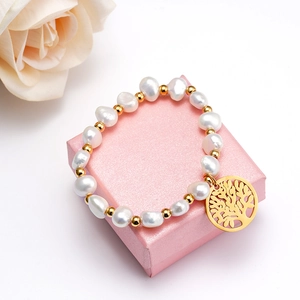 Baroque Freshwater Pearl Bracelet For Women Gold Plated Titanium Steel Tree Of Life Heart Cross Zirconia Religious Charm Bracelet