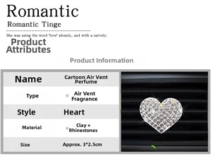 Detail of diamond-studded heart car vent clip with clay and rhinestone material specs
