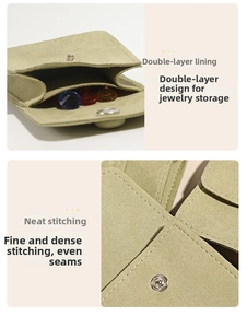 Detail view of sage green microfiber jewelry pouch with double layers and metal snap button