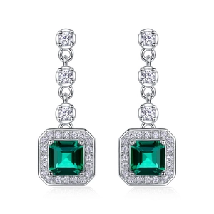 Elegant S925 silver drop earrings with square emerald stone and white diamond halo