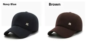 Detail view of winter baseball caps in navy blue and brown with metal R logo