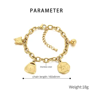 Detail view of 18K gold plated stainless steel bracelet with butterfly and heart charms