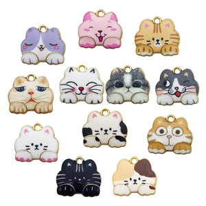 Set of 12 cute enamel cat charms with various colors and expressions for DIY jewelry making