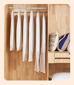 Detail of semi-transparent PEVA garment covers in various sizes for closet organization