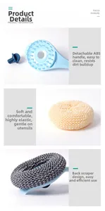 Detail of detachable kitchen brush with ABS handle, fiber scrubbing ball and scraper tool
