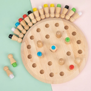 Educational wooden memory chess game with circular board and 24 colorful pegs for kids
