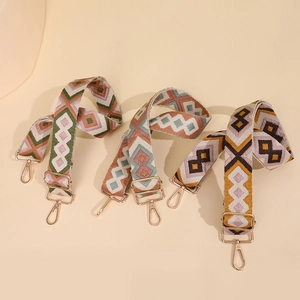 Adjustable wide shoulder strap with ethnic geometric jacquard and gold metal hooks