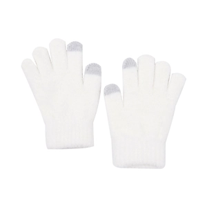 Detail of white knit gloves with grey touchscreen tips and ribbed cuffs for warmth
