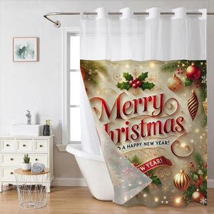 Waterproof polyester Christmas shower curtain with red Merry Christmas text and ornaments
