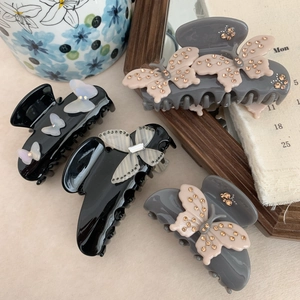 Elegant large butterfly hair claw clips with rhinestones in grey and black colors