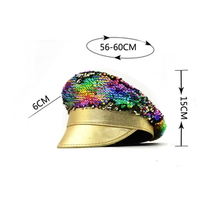 Colorful sequin military hat with golden leather brim for wedding and performance