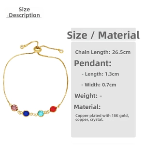 Macro detail of adjustable slider bracelet in 18K gold plated copper with colorful crystals
