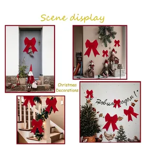 Red flocked Christmas bows for home holiday decoration on doors, stairs, and trees