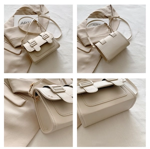 Detail shots of off-white crossbody bag featuring double buckle straps and flip cover