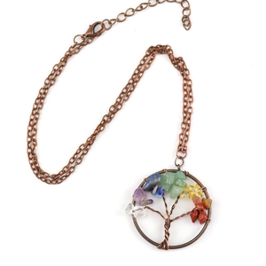 Copper Tree of Life pendant necklace with colorful natural crystal stone fragments