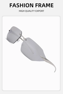 Detail view of rimless grey sunglasses with sleek silver metal temples and square lenses