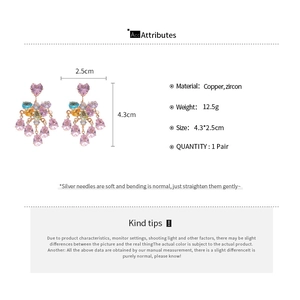 Detailed view of colorful zircon heart tassel earrings with dimensions and material specs