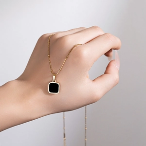 Minimalist 18k gold plated stainless steel bead necklace with a black square pendant