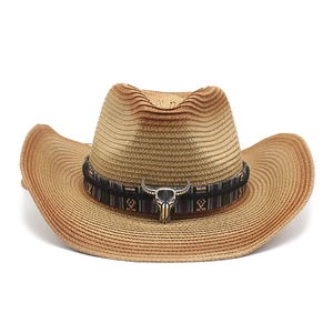 Chapeau de cowboy en paille dégradé marron avec pendentif tête de taureau argent vintage