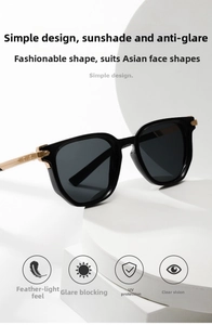 Detail of square sunglasses with black frames and gold metal temples on geometric stand