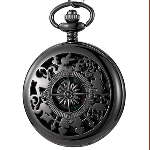 Detail of black metal pocket watch featuring hollow compass design with degree scales