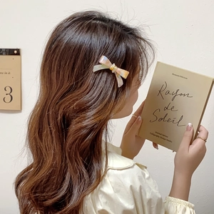 Elegant acetate bow hair clip in pastel shades worn by a model in a cozy setting