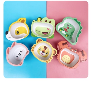 Detailed view of six colorful cartoon animal-shaped bamboo fiber bowls for kids