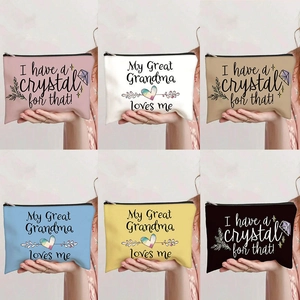 Detailed grid view of canvas pouches in six colors with zipper and printed graphics