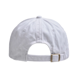 Detail of adjustable brass metal buckle on white washed cotton baseball cap back
