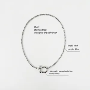 Detail of 4mm stainless steel waterproof necklace with mirror polished U-shaped shackle clasp