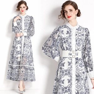 Elegantes Damen Maxi Kleid Spitze Netz Laternenärmel Stehkragen Knopfleiste Blumendruck Mit Gürtel