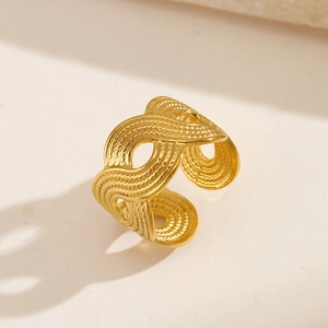 Minimalist gold hollow wave stainless steel ring with elegant textured lines and open design