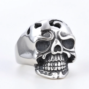 Retro punk style stainless steel skull ring with vintage silver finish for men and women