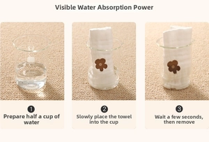 Three-step absorption test of a white cotton baby towel with brown floral prints