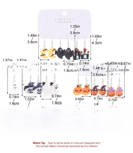 Size chart for Halloween resin earrings showing dimensions and weight in inches and cm