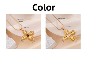 Detail view of flower petal pendant necklaces with snake chains and size specifications