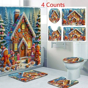 Detail of 4-piece Christmas bathroom set including gingerbread shower curtain and rugs