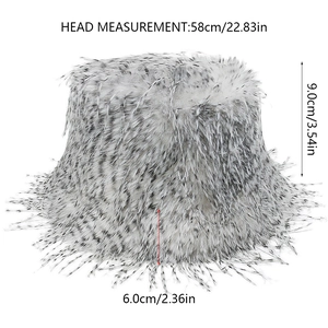 Faux fur bucket hat size guide showing 58cm head circumference and 9cm height